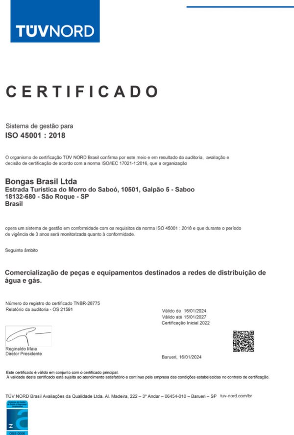 Certificado ISO 45001 — Saúde e Segurança Ocupacional (Bongas Brasil)