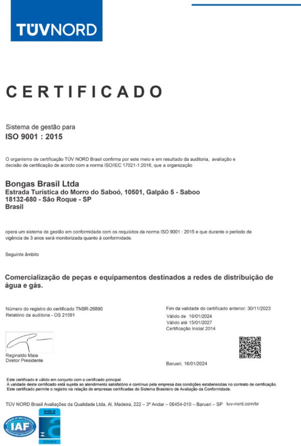 Certificado ISO 9001 – Sistema de Gestão da Qualidade (Bongas Brasil)