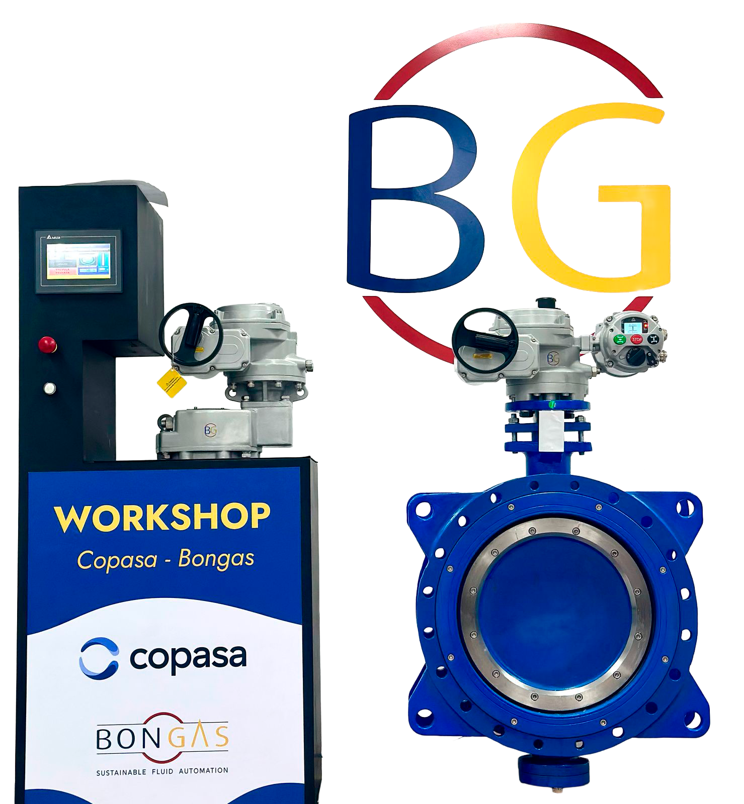 Atuador 1/4 de volta montado em válvula borboleta com volante de emergência.