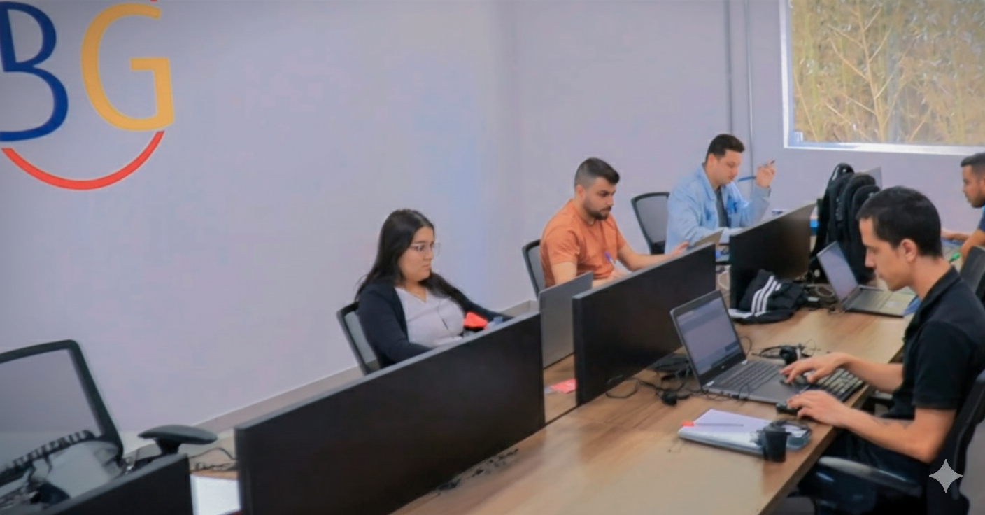 Equipe comercial e de atendimento da Bongas Brasil trabalhando em open space com notebooks.