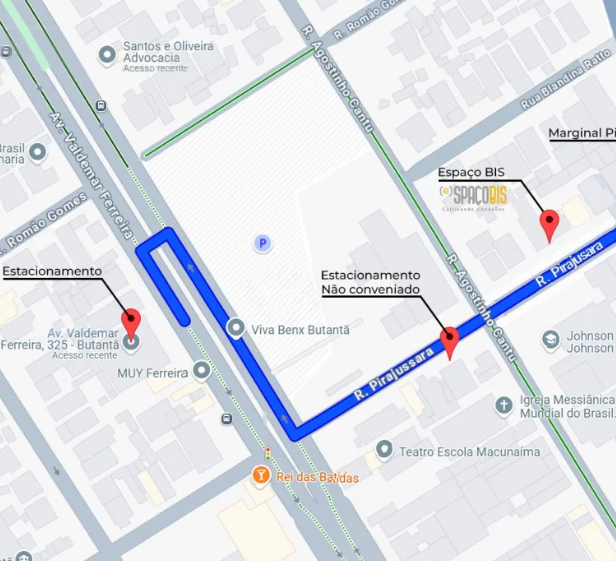 Mapa com rota até o Espaço BIS no Butantã, destacando caminho pela R. Pirajussara/R. Agostinho Cantu e estacionamento conveniado na Av. Valdemar Ferreira, 325.