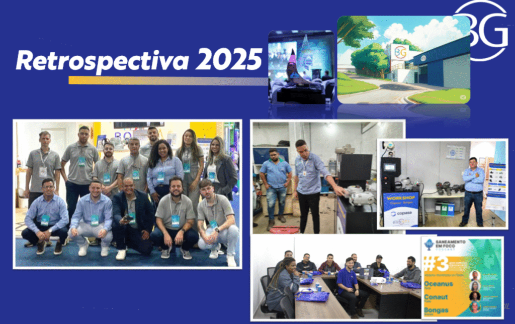 Banner Retrospectiva 2025 da Bongas Brasil com equipe, workshops técnicos, estande em eventos e ilustração da sede da empresa.