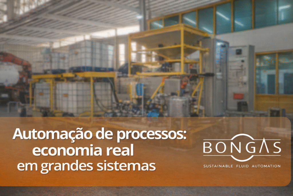 thumbnail de automação de processos com skid industrial ao fundo e destaque para economia em grandes sistemas — Bongas Brasil