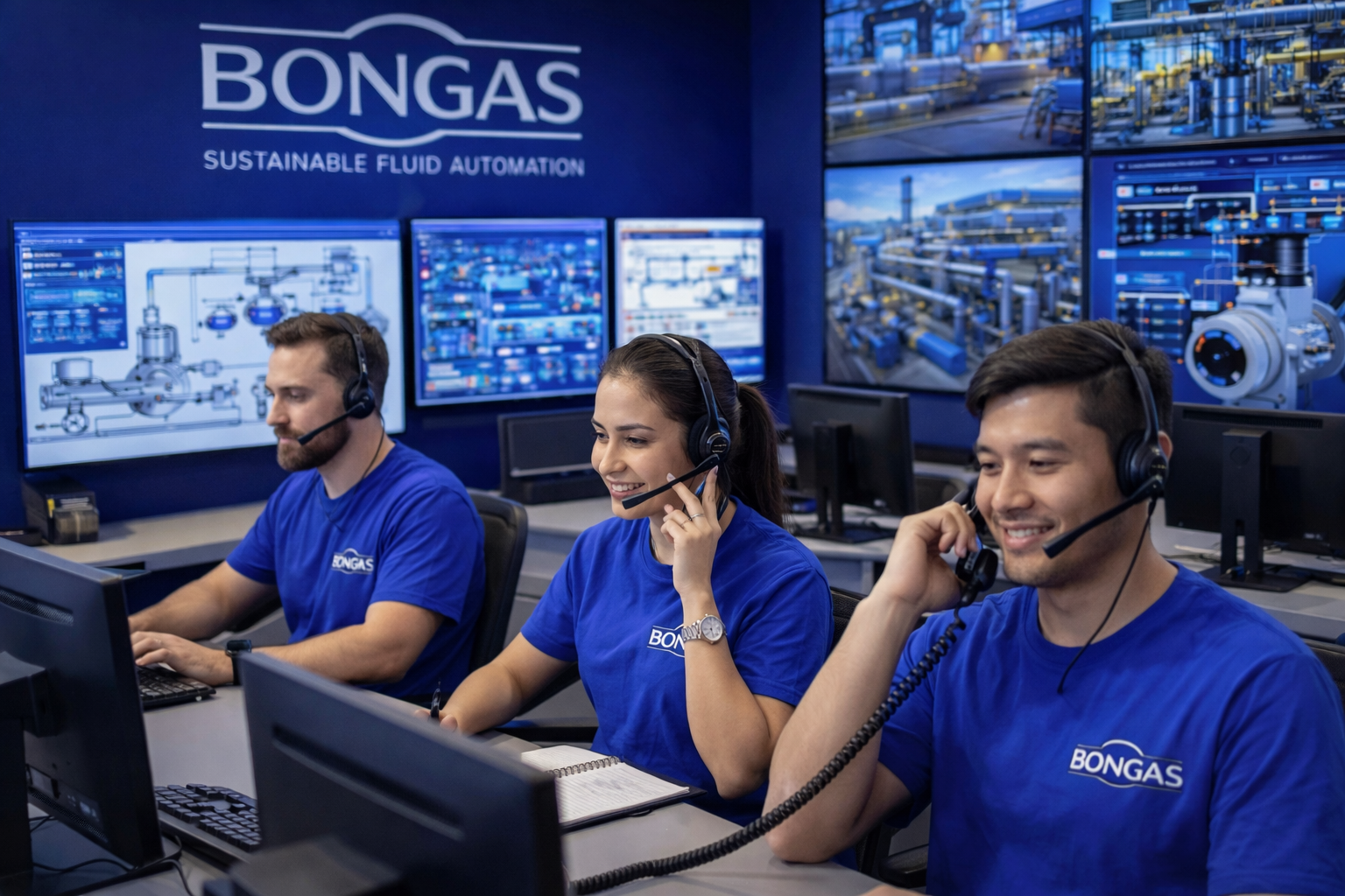 equipe de pós-vendas atendendo clientes em central de suporte, usando headsets e sistemas técnicos, com camisetas azuis da Bongas