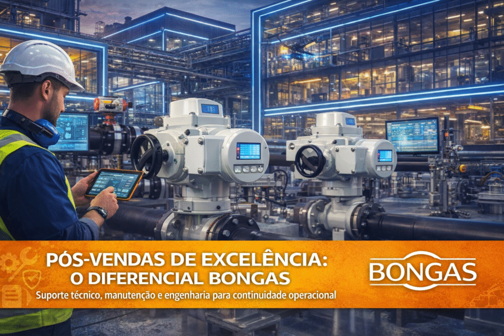 pós-vendas industrial de excelência com técnico em campo monitorando válvulas automatizadas em planta industrial, com tarja laranja e logo Bongas