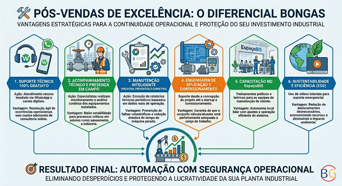 infográfico sobre pós-vendas industrial com suporte técnico, manutenção e capacitação da Bongas Brasil