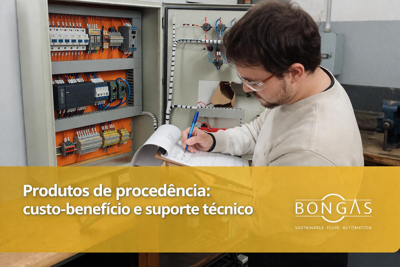 técnico realizando checklist em painel de automação industrial