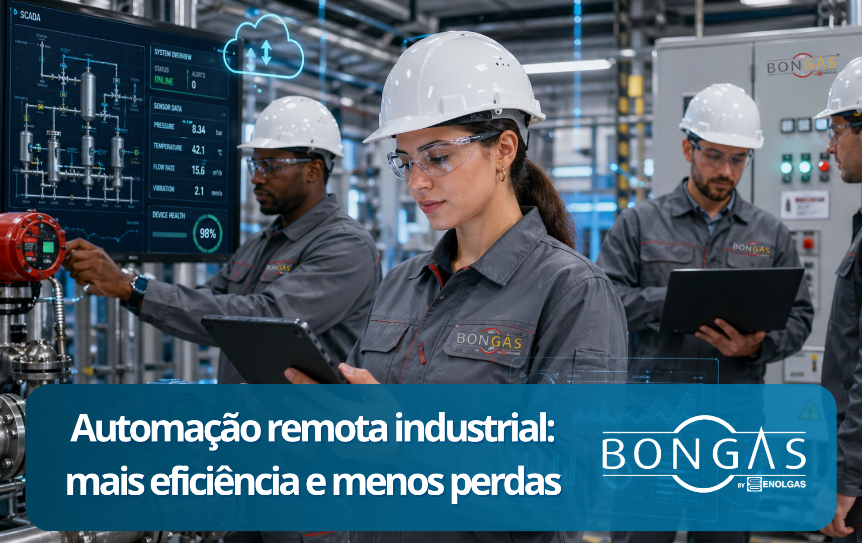 Equipe da Bongas Brasil em ambiente industrial 4.0 com automação remota e monitoramento de sistemas