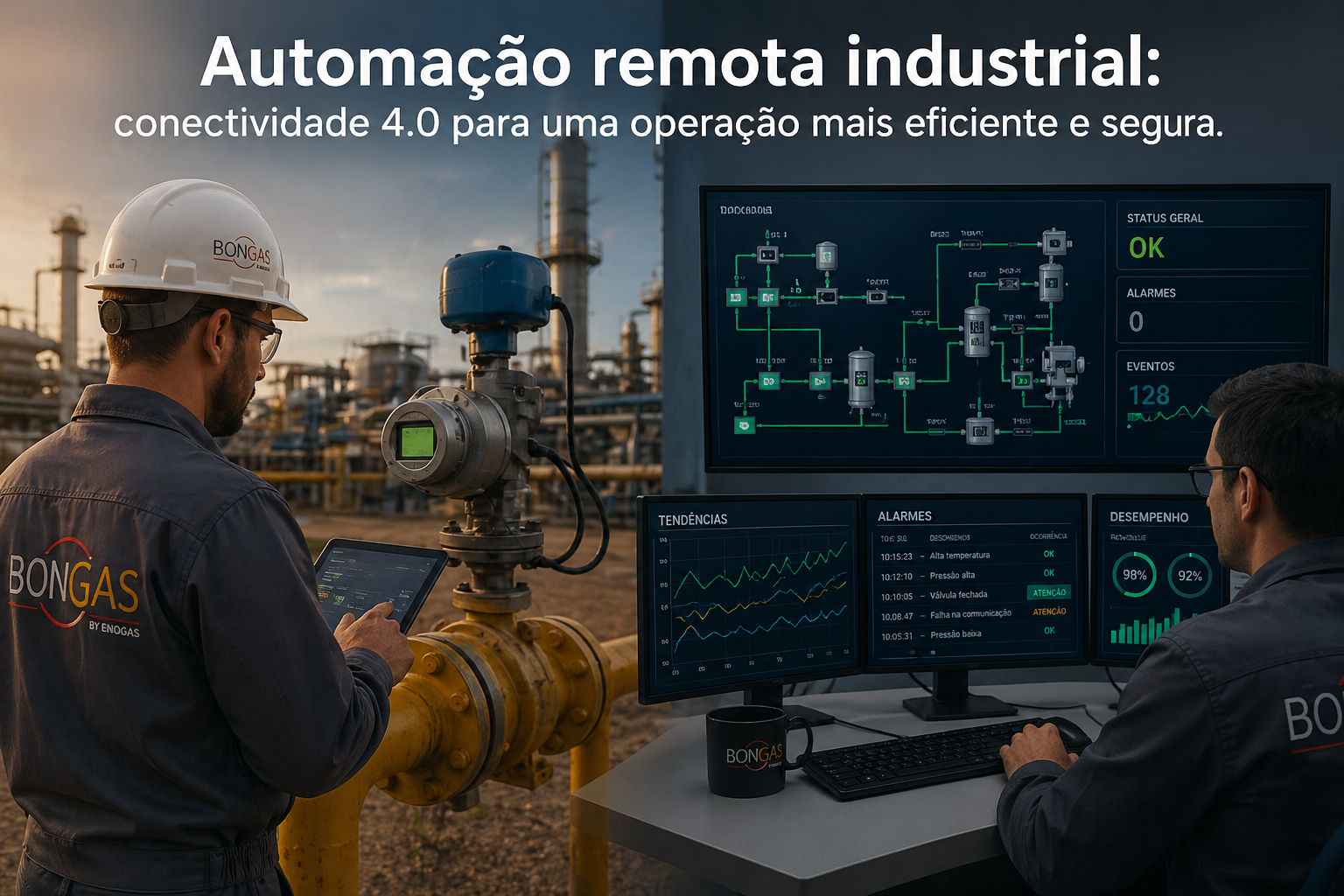 Conectividade 4.0 na automação remota industrial: técnico da Bongas Brasil em campo e monitoramento SCADA na sala de controle