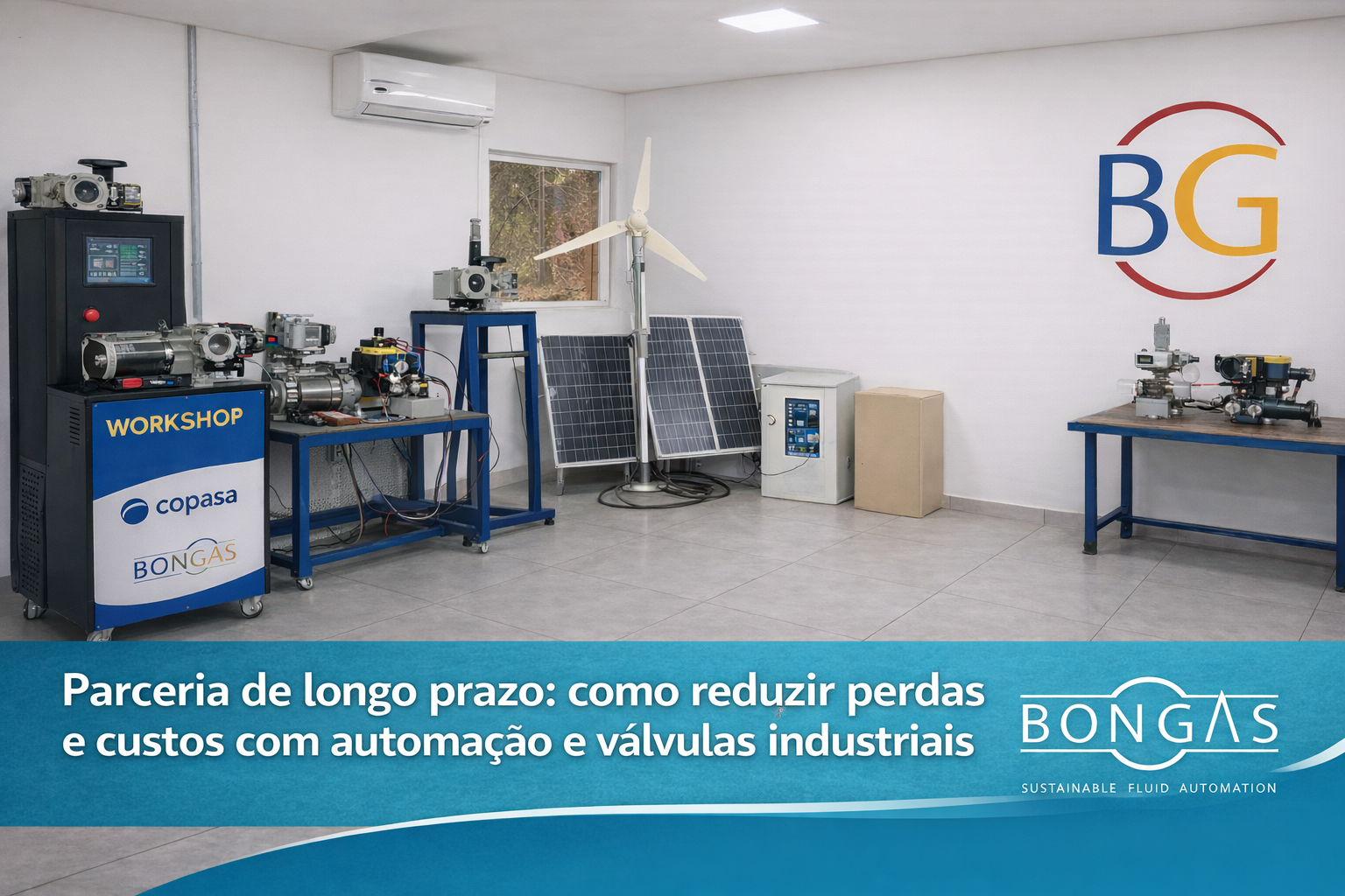 Workshop técnico com bancada de testes e equipamentos de automação e válvulas industriais, com tarja azul e título sobre parceria de longo prazo da Bongas Brasil.