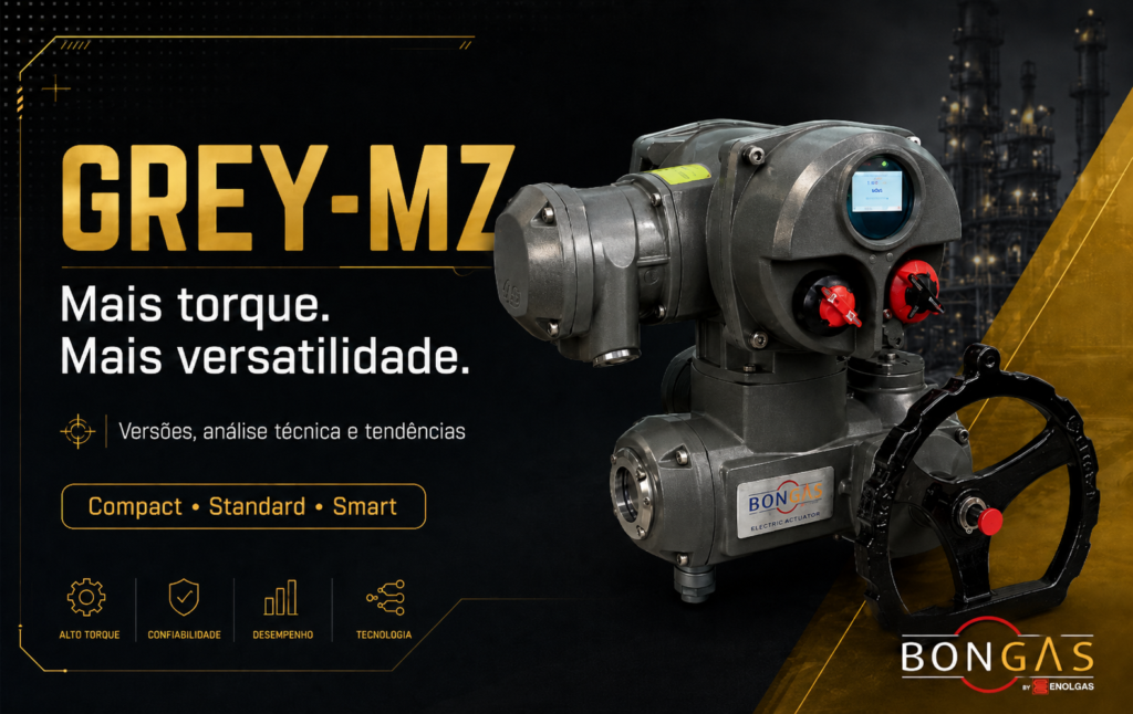 Banner do atuador elétrico Grey-MZ com destaque para “Mais torque. Mais versatilidade.” e versões Compact, Standard e Smart, da Bongas Brasil.