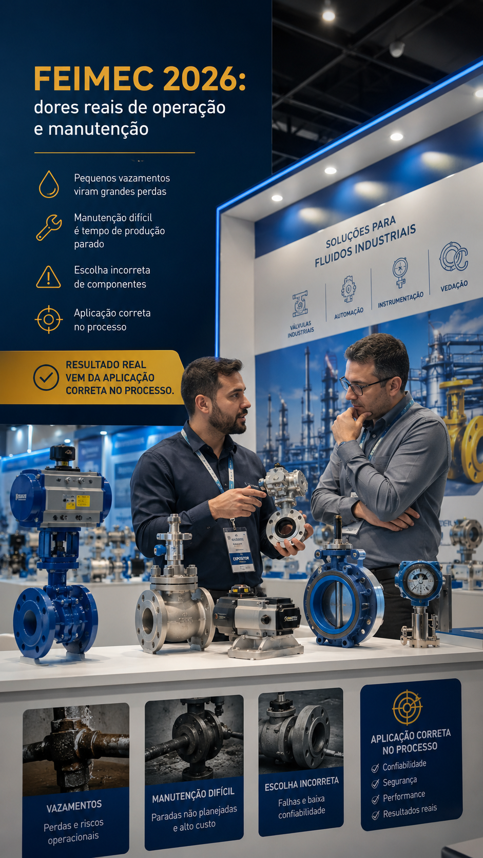 Arte sobre a FEIMEC 2026 destacando dores reais de operação e manutenção, com válvulas industriais, atuadores e dois profissionais em análise técnica.