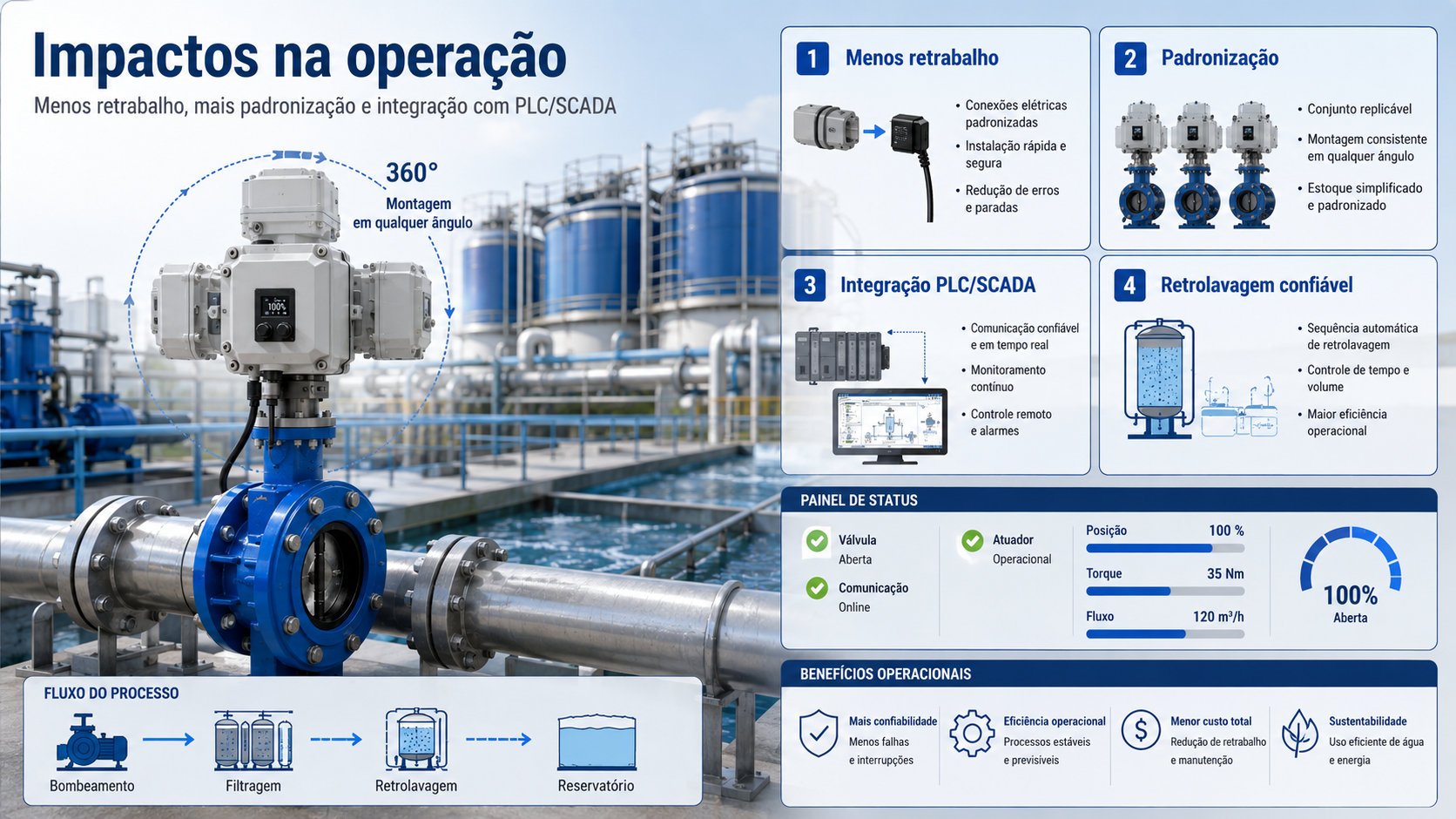 Infográfico técnico em estação de tratamento de água mostrando válvula automatizada com montagem 360°, painéis de padronização, integração PLC/SCADA e retrolavagem confiável