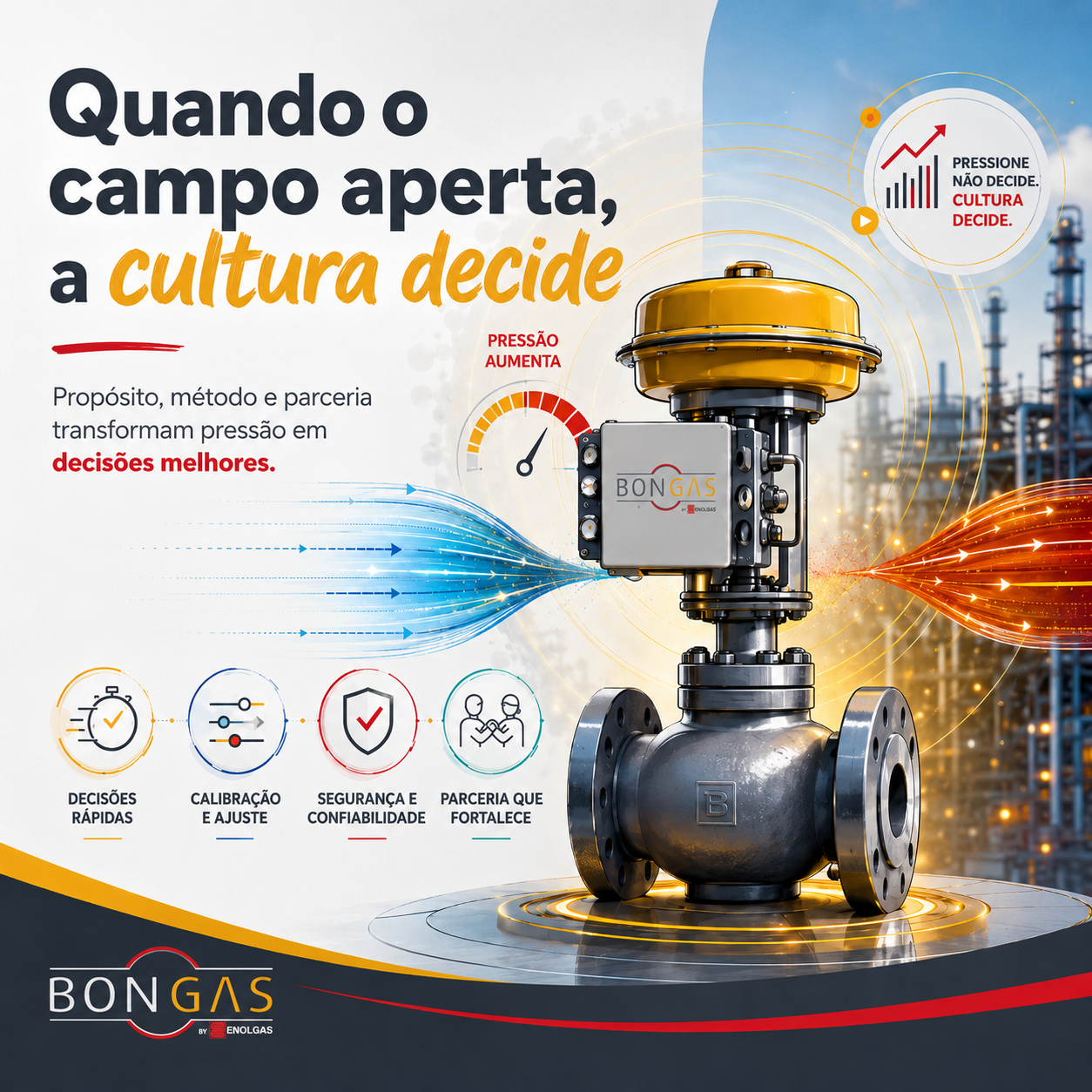ilustração industrial da Bongas Brasil com válvula automatizada e a mensagem “Quando o campo aperta, a cultura decide”