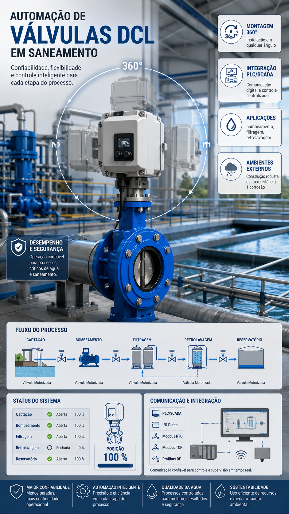 Infográfico técnico de automação de válvulas DCL em saneamento, com montagem 360°, integração PLC/SCADA, fluxo do processo e painéis de status/comunicação