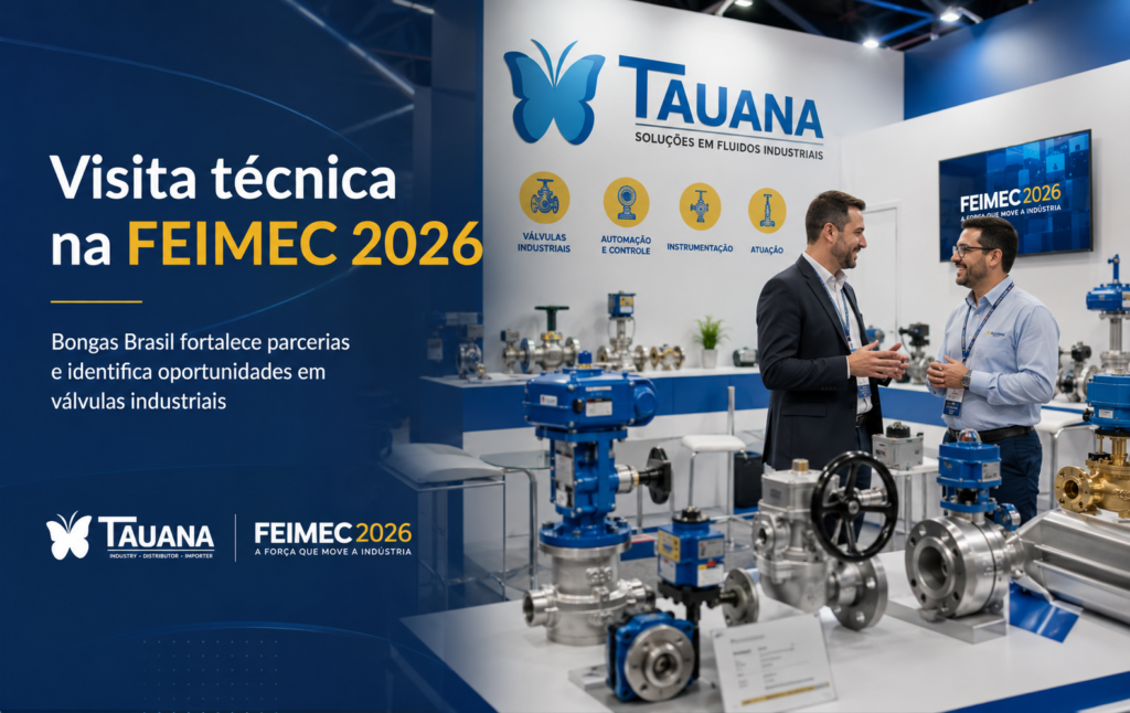 Visita técnica na FEIMEC 2026 no estande da Tauana, com exposição de válvulas industriais e profissionais em conversa técnica.