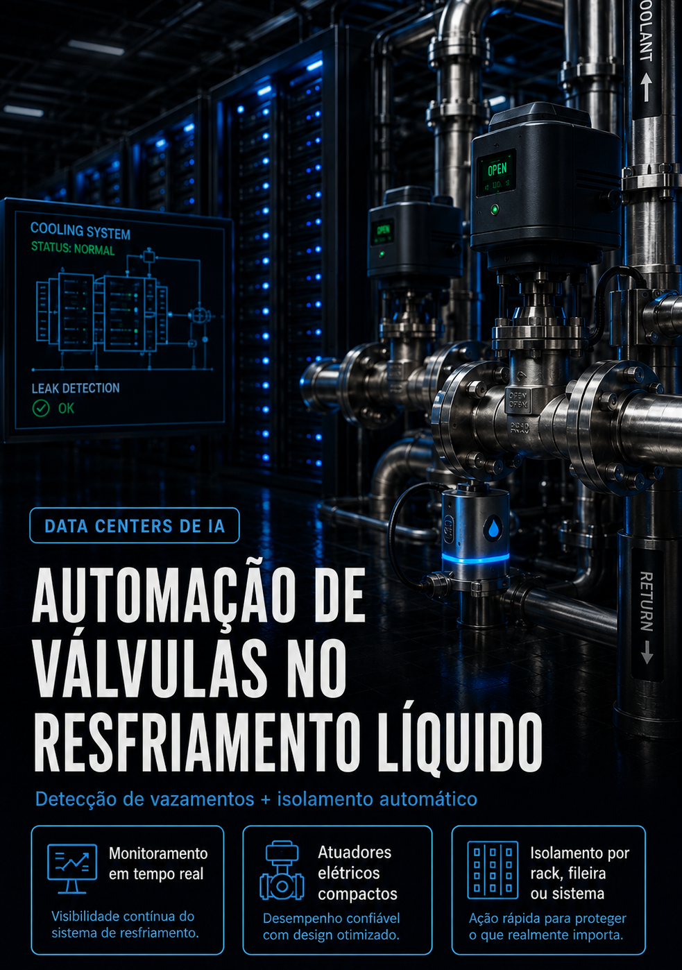 automação de válvulas em data center de IA com resfriamento líquido