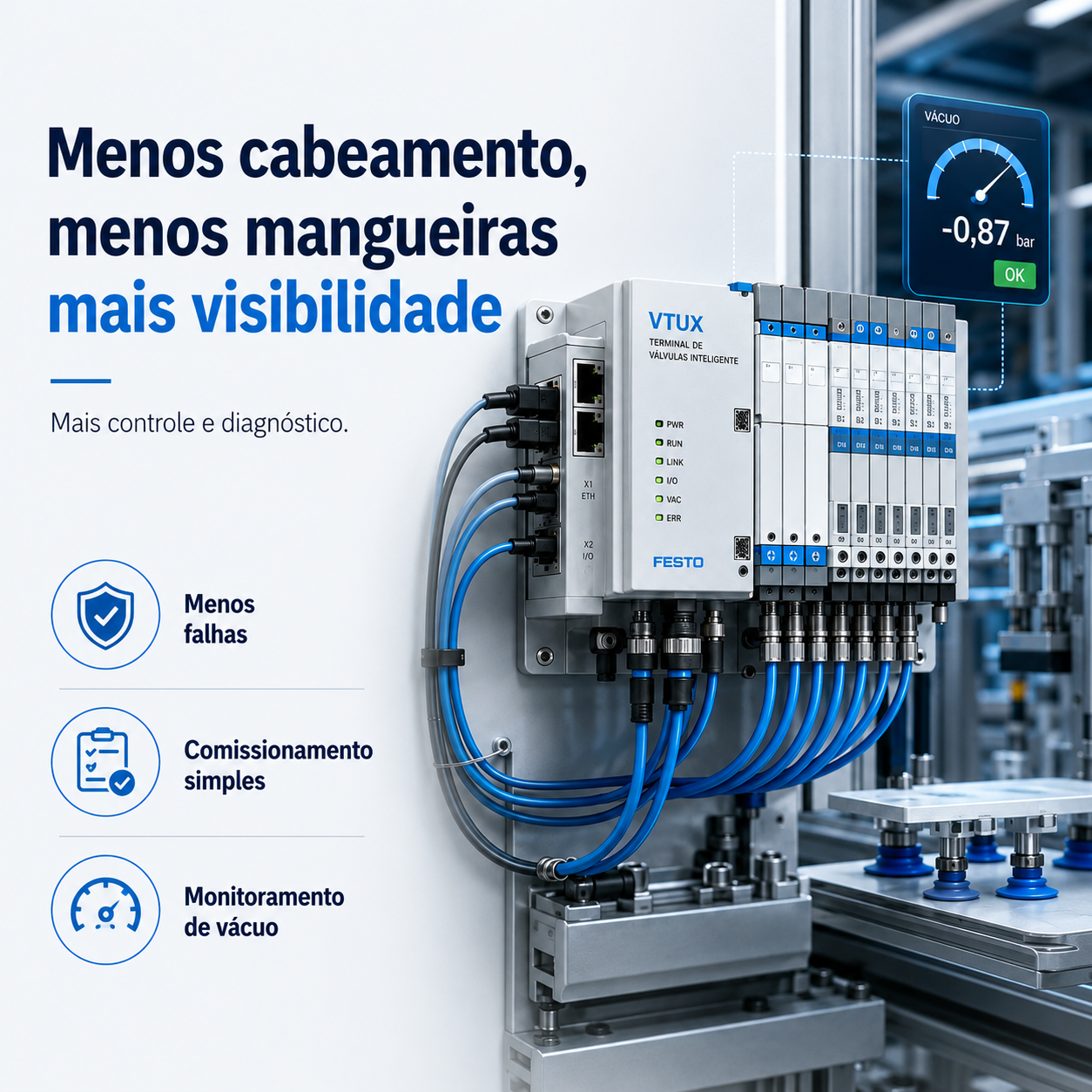 Imagem técnica sobre terminal de válvulas inteligente com menos cabeamento, menos mangueiras e monitoramento de vácuo na automação industrial.