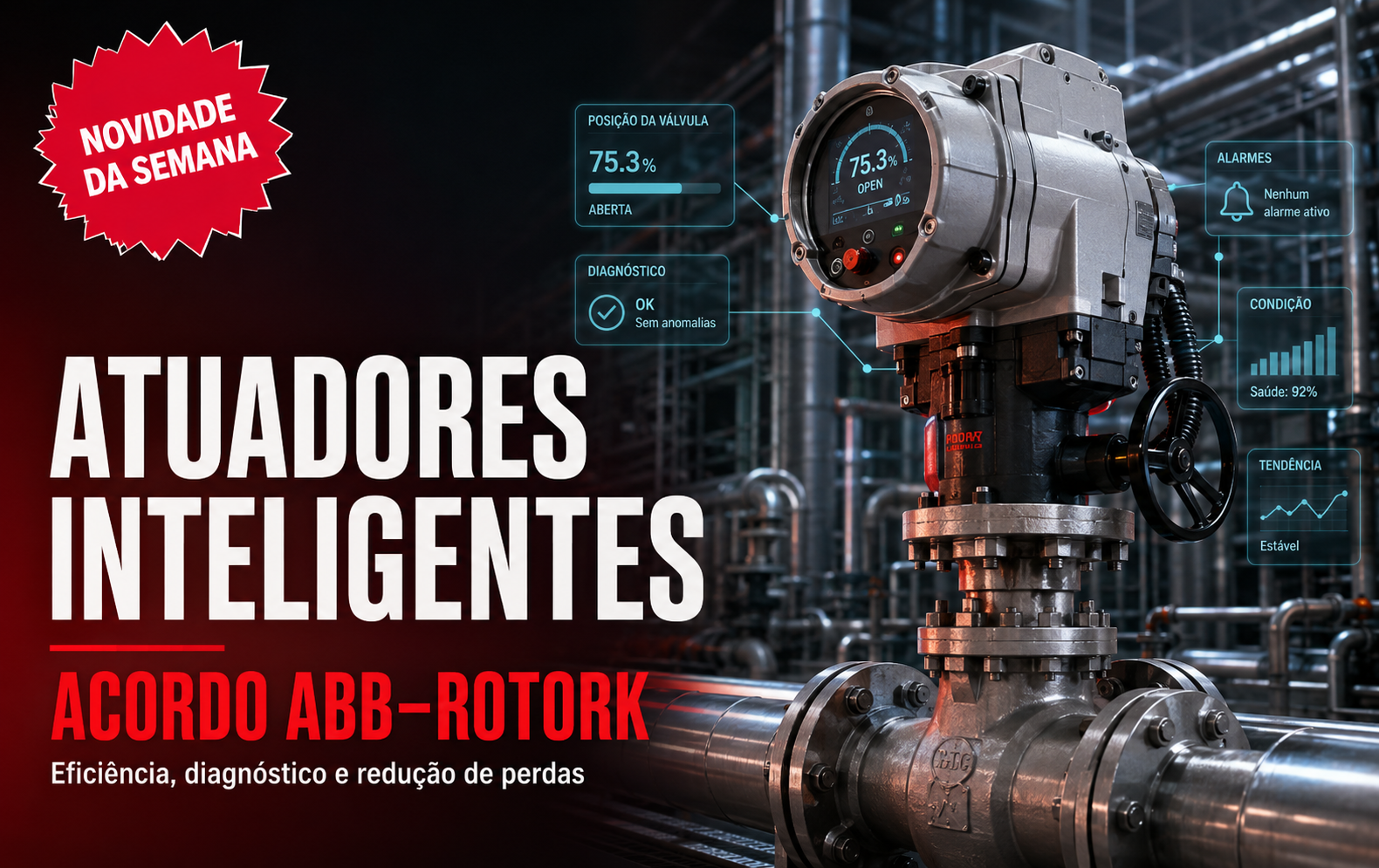 Atuador inteligente em válvula industrial representando o acordo ABB–Rotork