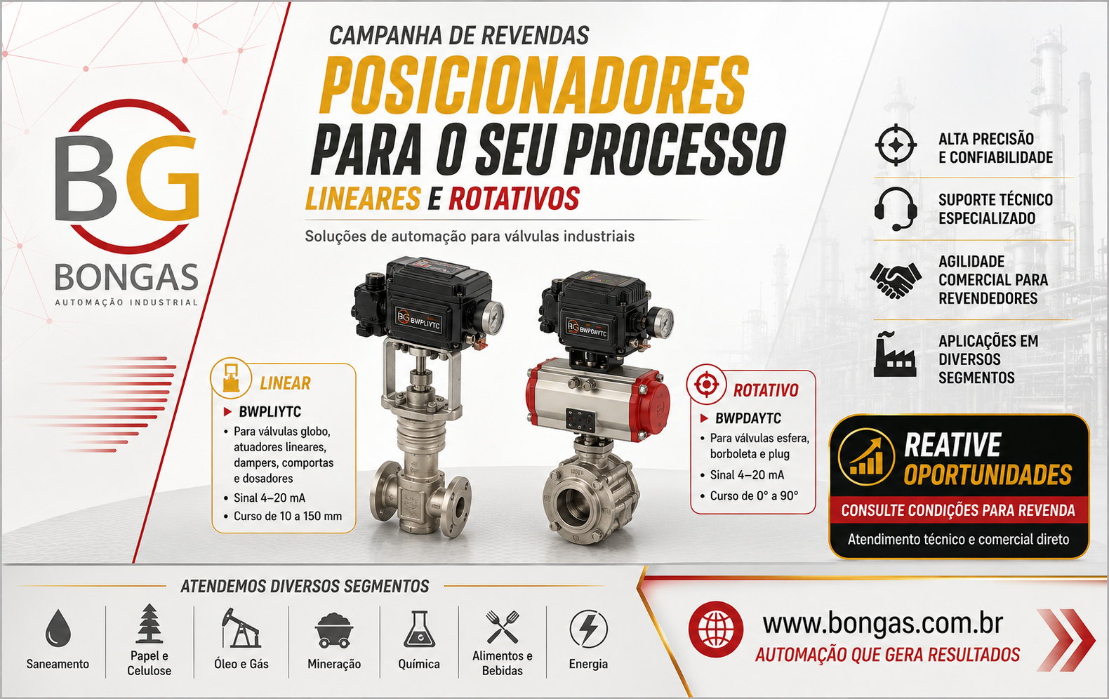 Campanha de revendas Bongas com posicionadores eletropneumáticos lineares e rotativos para válvulas industriais.