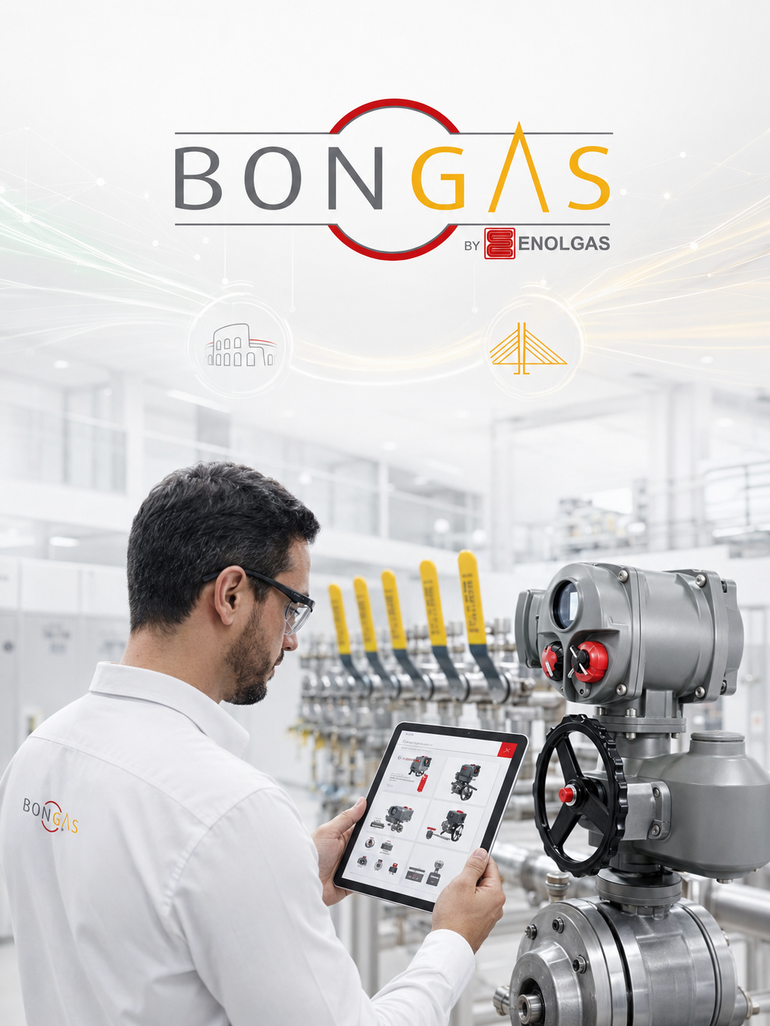 Técnico da Bongas Brasil analisando atuador elétrico e válvula industrial com apoio de um tablet