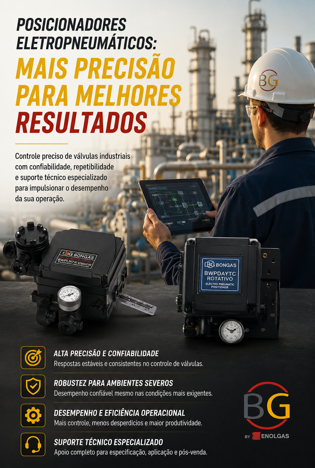 Posicionadores eletropneumáticos lineares e rotativos da Bongas em ambiente industrial, com técnico monitorando o processo.