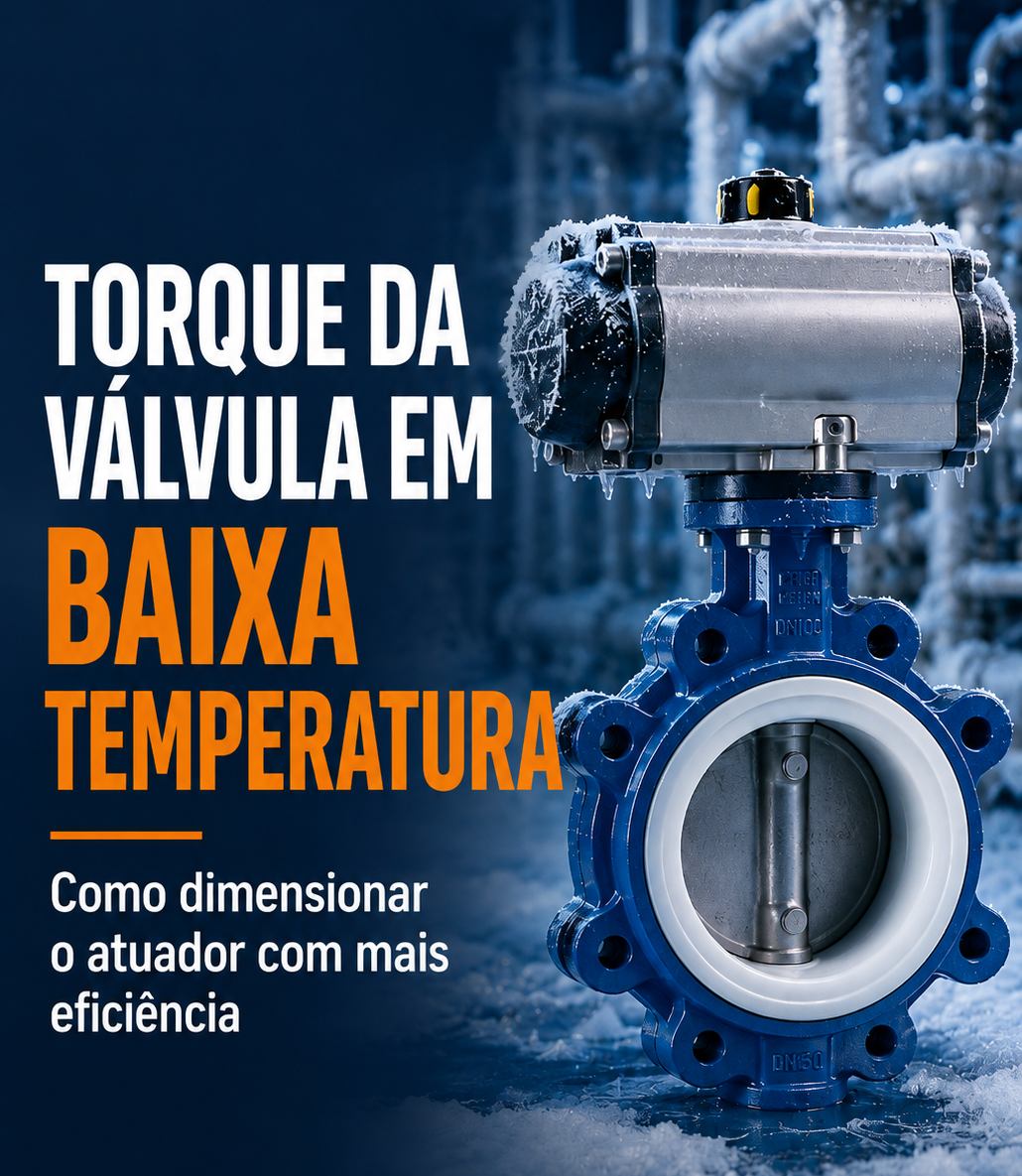 Válvula borboleta com atuador pneumático operando em baixa temperatura.