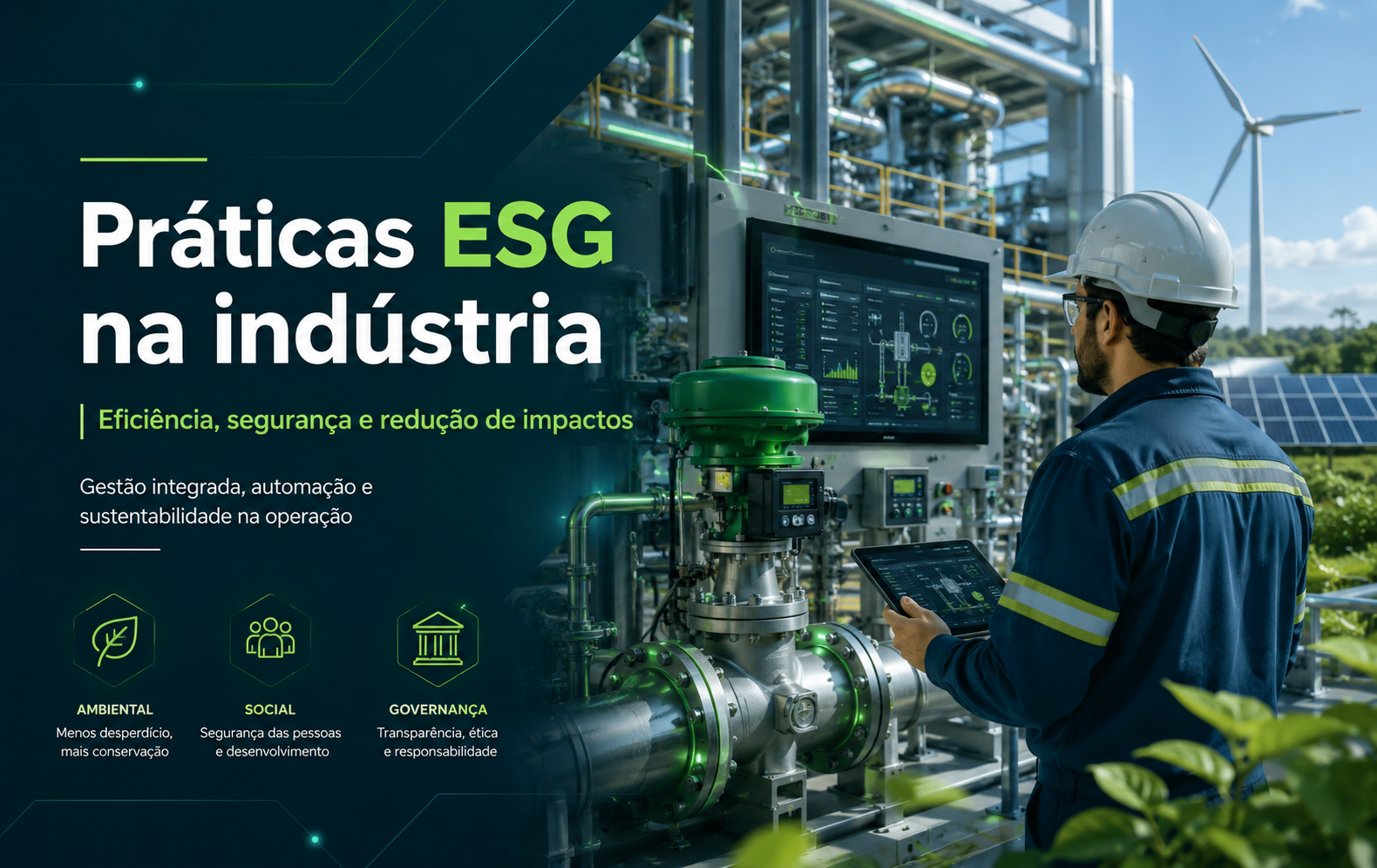 Práticas ESG na indústria com automação, energia renovável e segurança operacional