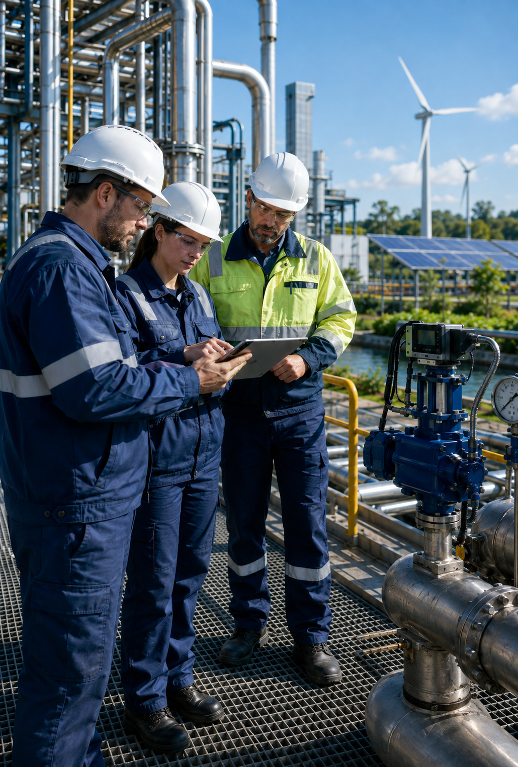 Equipe técnica analisando automação industrial com válvulas e energia renovável