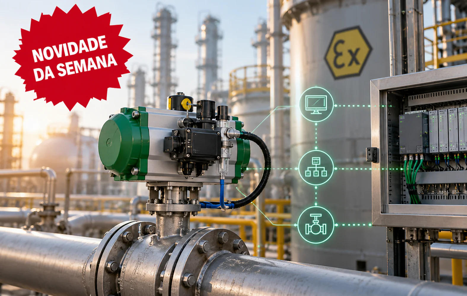Automação em áreas classificadas com atuador pneumático, válvula industrial, PLC e comunicação fieldbus