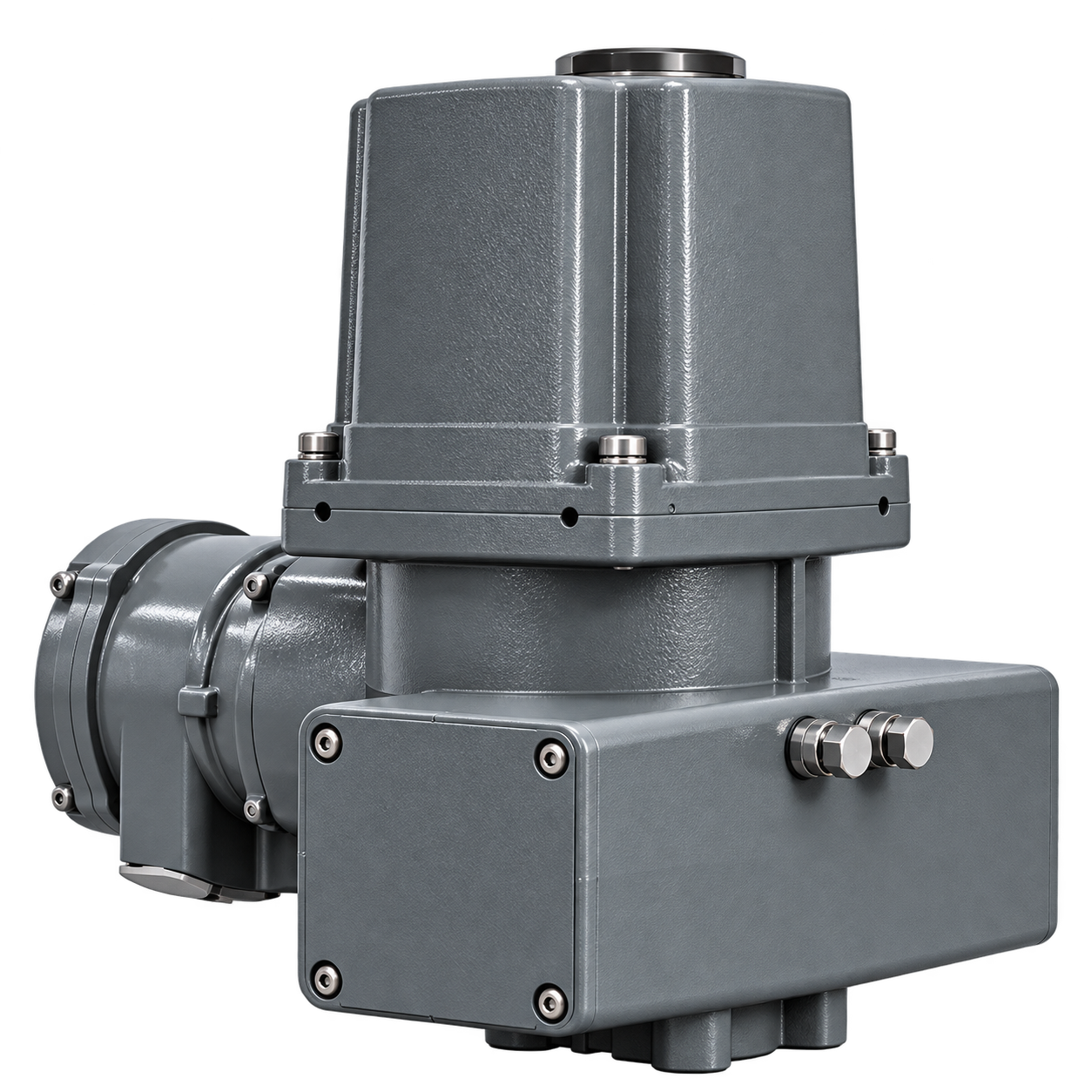 Atuador elétrico GREY-FQ Compact da Bongas, modelo industrial com sistema Fail Safe por retorno de mola.
