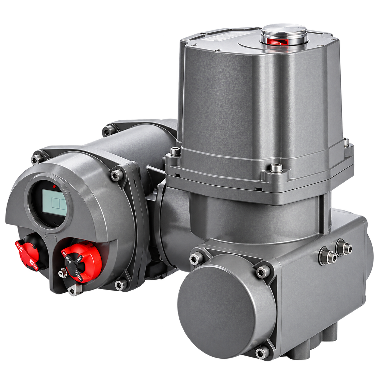 Atuador elétrico GREY-FQ Integral da Bongas com retorno por mola e controle local para válvulas industriais.