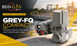Atuador elétrico GREY-FQ COMPACT da Bongas em arte de lançamento para a FENASAN 2026.